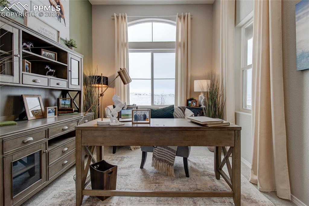 Image 16 of 32: Home office with plenty of natural light and light carpet