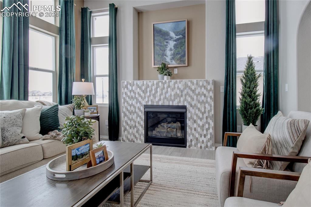 Image 3 of 32: Living room with a tiled fireplace, healthy amount of natural light, and ar
