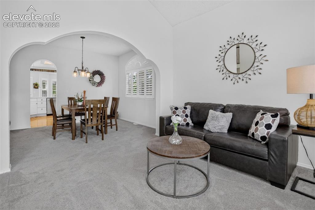 Image 12 of 49: Expansive living area featuring light gray carpeting, vaulted ceilings, and