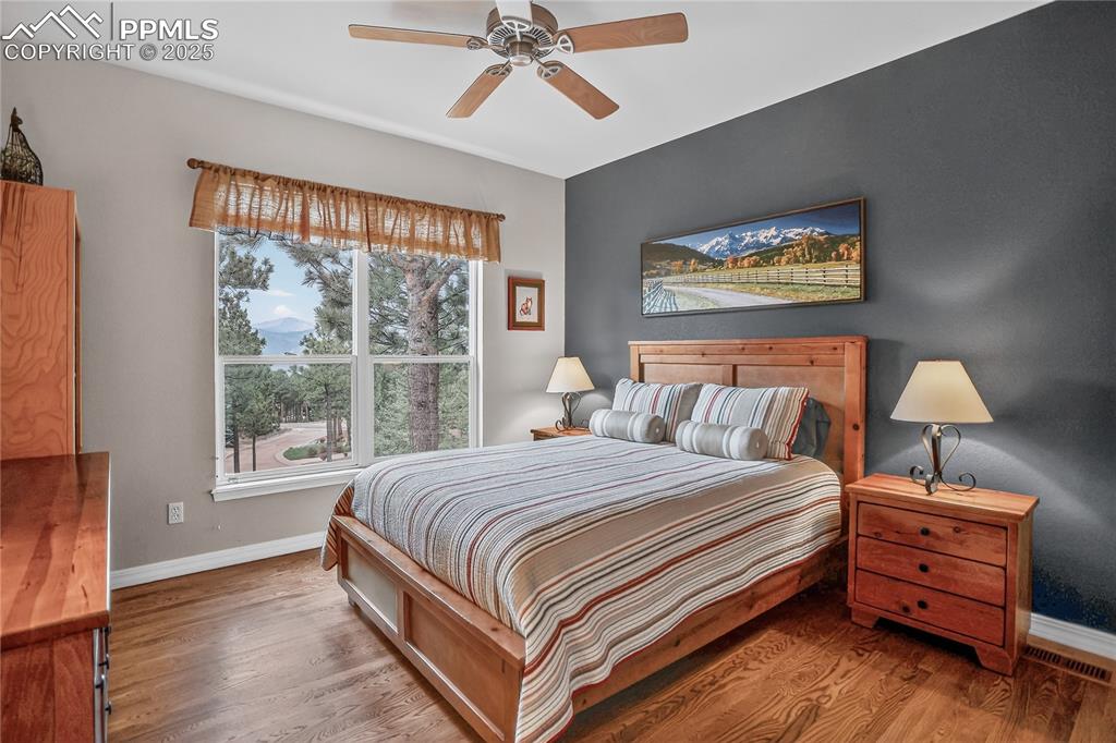 Image 20 of 45: Main-level secondary bedroom has views of Pikes Peak!