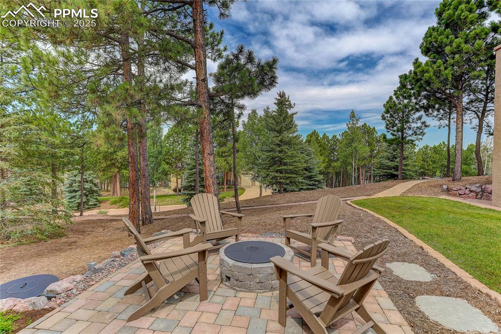 Image 37 of 45: The lower outdoor patio area. This fire pit -- you guessed it. Also INCLUDE