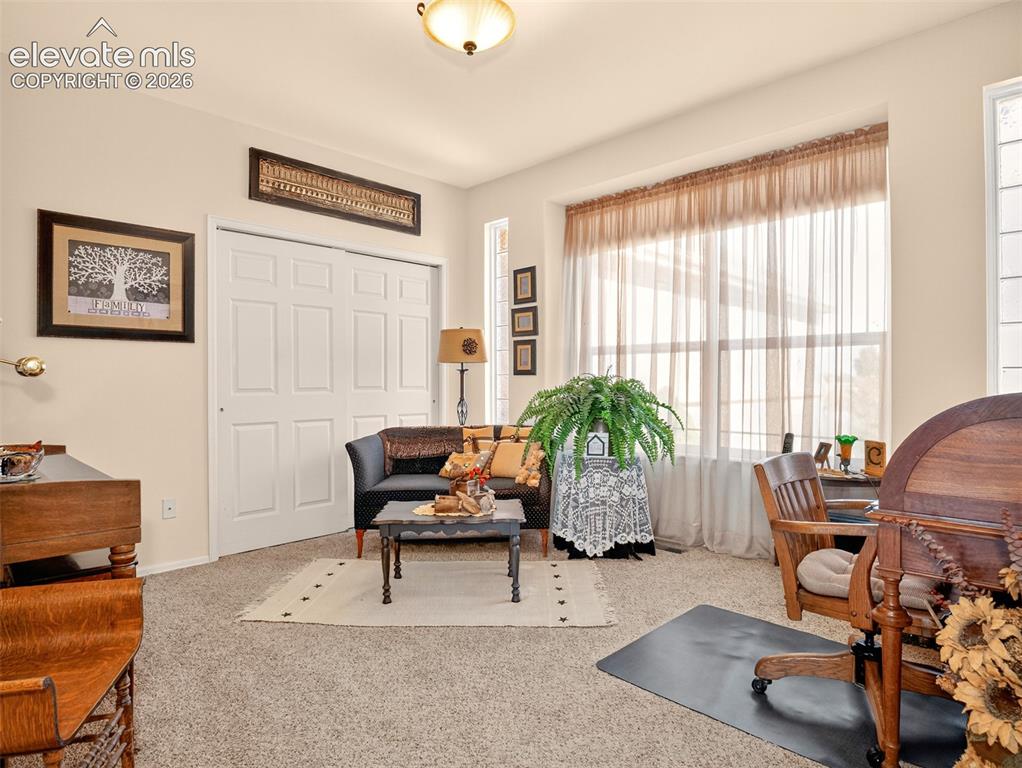 Image 18 of 49: Office space (could be converted into a 5th bedroom) with carpet and French