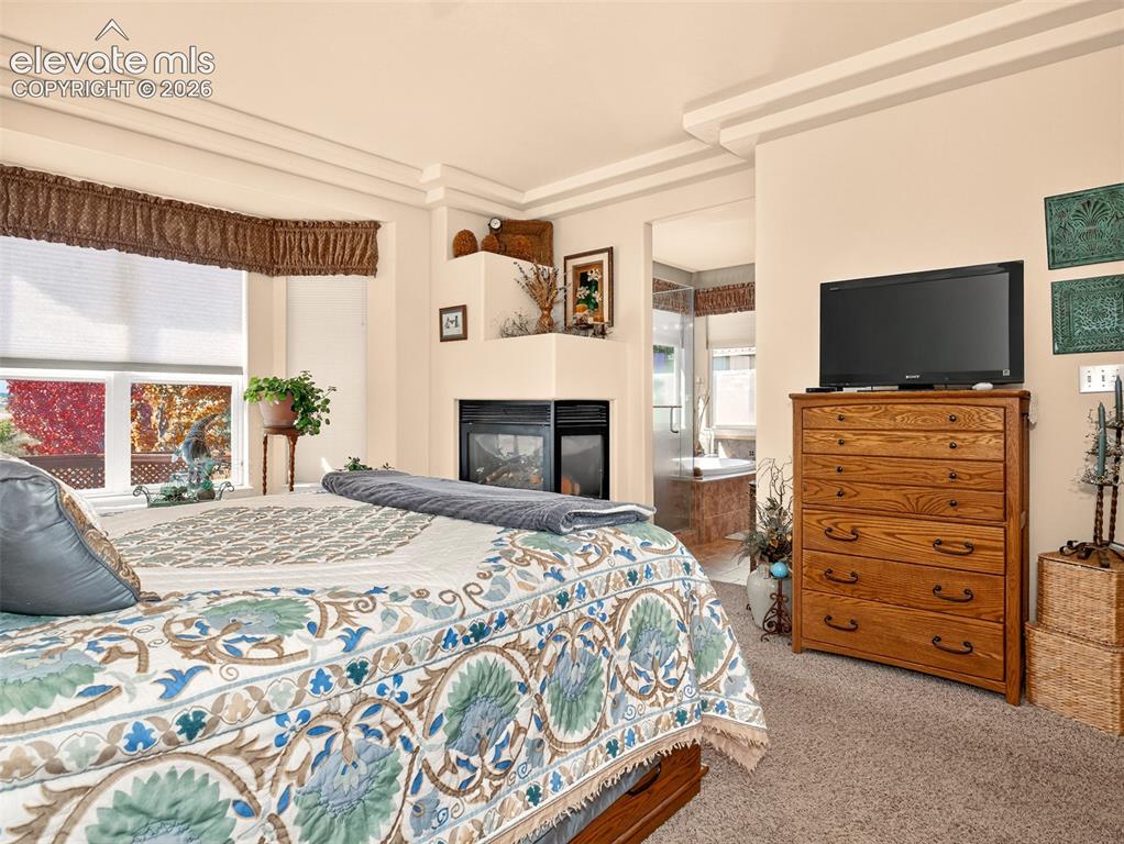 Image 21 of 49: Large primary bedroom with fireplace and large windows with view of Pikes P