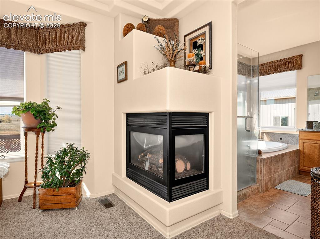 Image 22 of 49: Gas fireplace in the primary bedroom, and the soaking tub in primary bathro