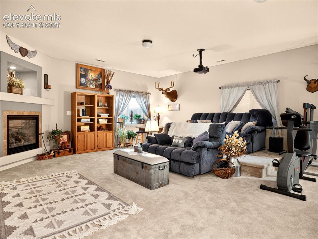 Image 28 of 49: Living area in basement set up as a theatre room with gas fireplace.