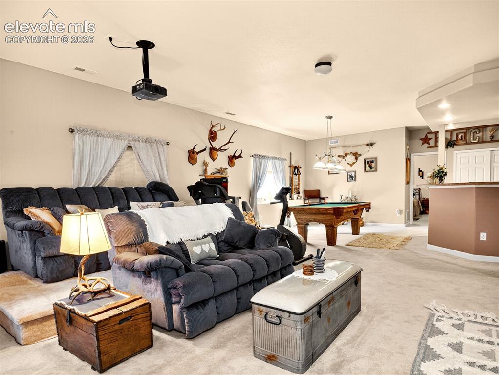 Image 30 of 49: Living area in basement set up as a theatre room with gas fireplace.