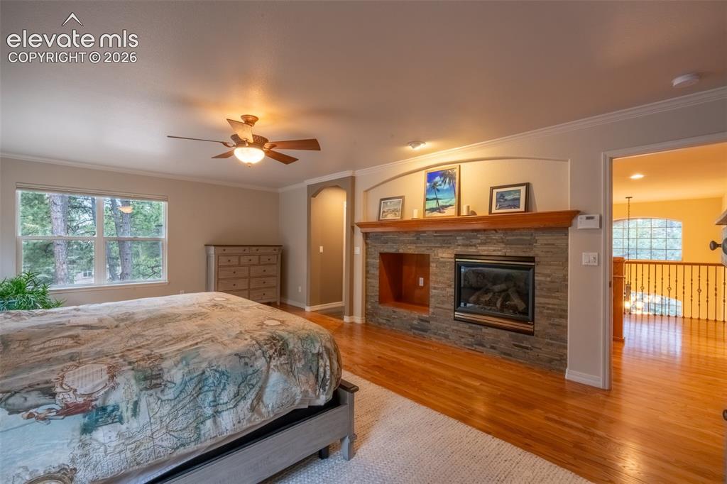Image 22 of 49: Primary bedroom (1) with fireplace, double walk in closet, and ensuite 5 pi