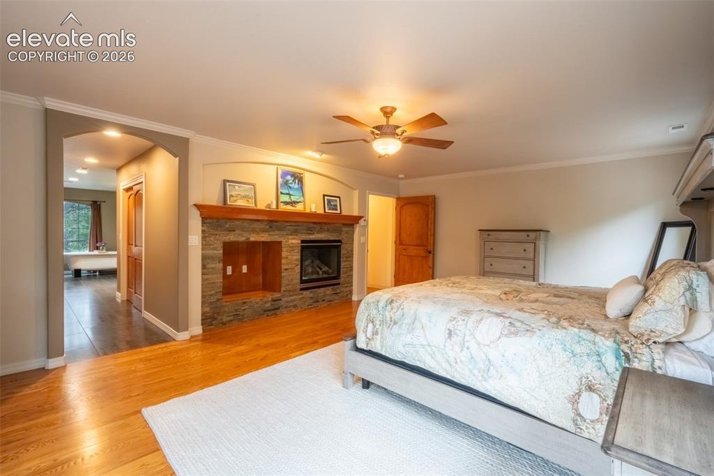 Image 23 of 49: Primary bedroom (1) with fireplace, double walk in closet, and ensuite 5 pi