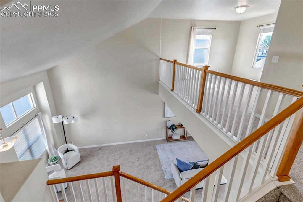 Image 29 of 37: Stairs featuring healthy amount of natural light, carpet flooring, and a hi