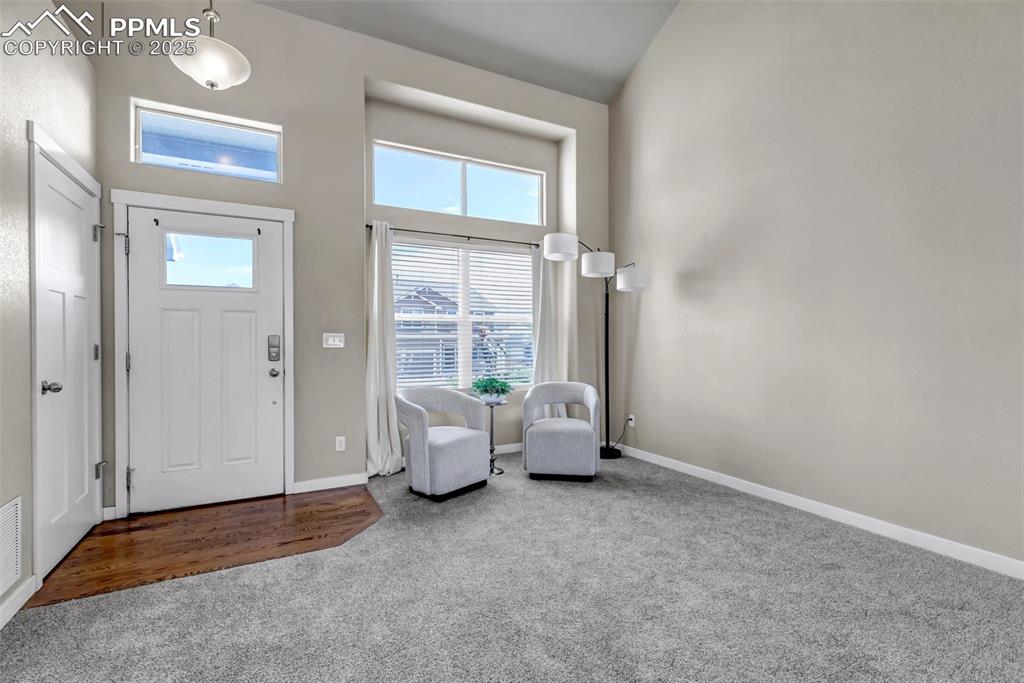 Image 4 of 37: Foyer entrance with a towering ceiling, carpet, and plenty of natural light