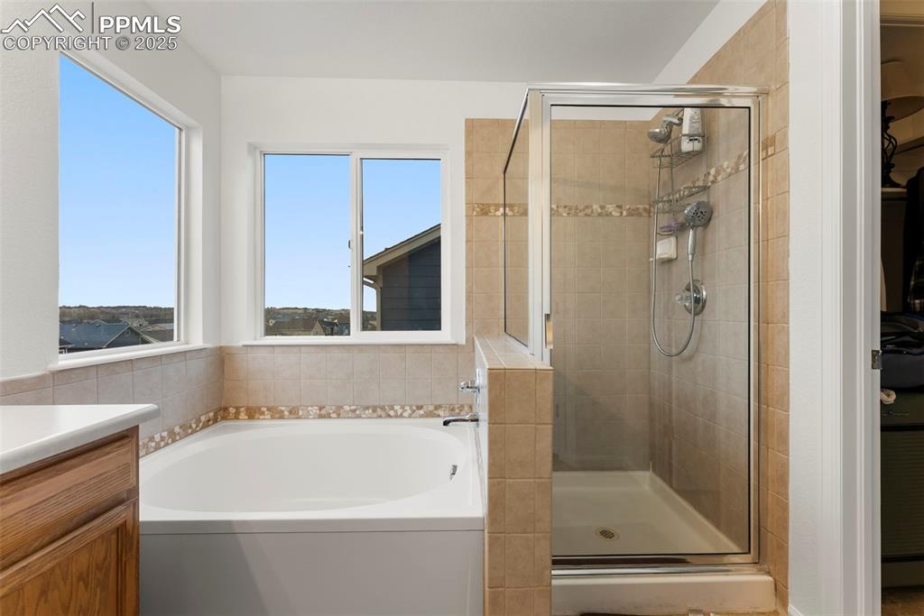 Image 14 of 28: Primary bathroom featuring separate shower and large tub