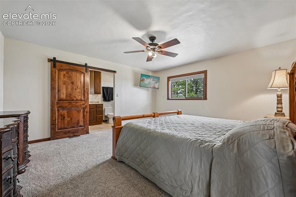 Image 16 of 36: Spacious bedroom featuring light-toned carpeting and a ceiling fan