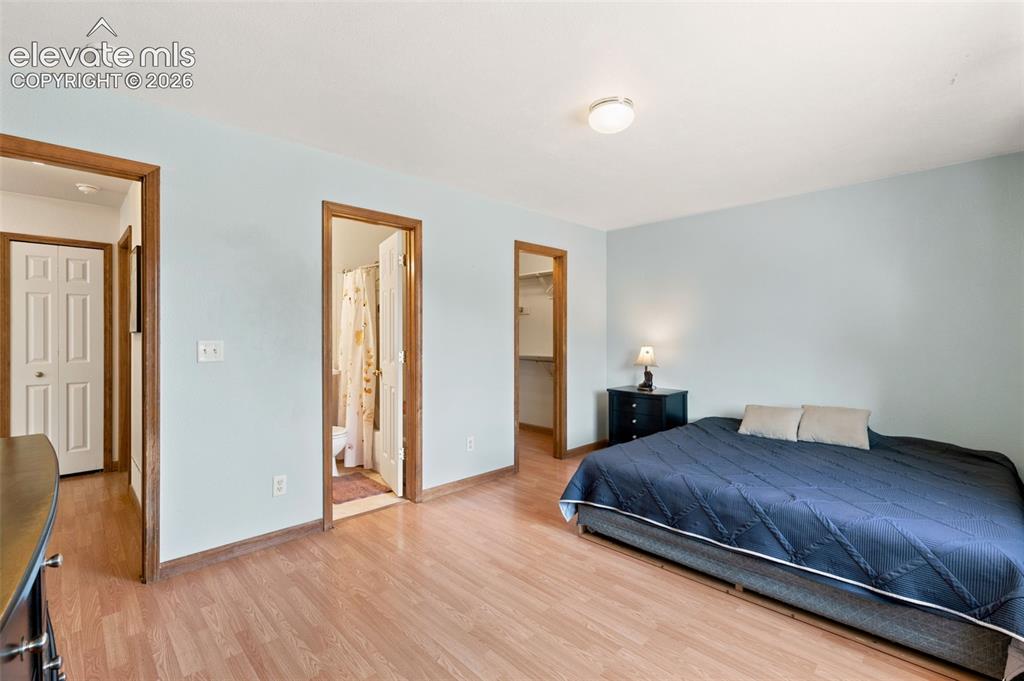 Image 13 of 34: Spacious bedroom featuring light blue walls and wood-finish flooring