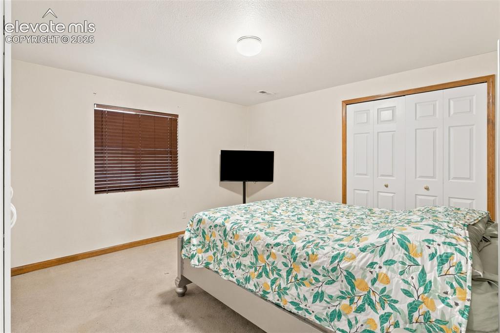 Image 19 of 34: Carpeted room with a ceiling-mounted light fixture, a window with horizonta