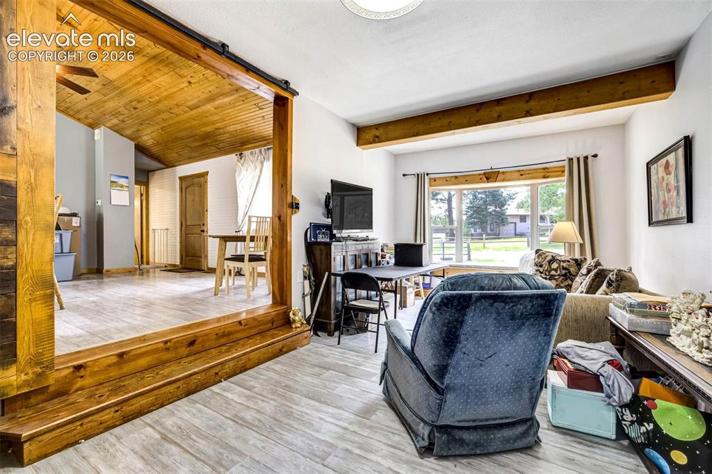Image 20 of 41: Family room has barn doors