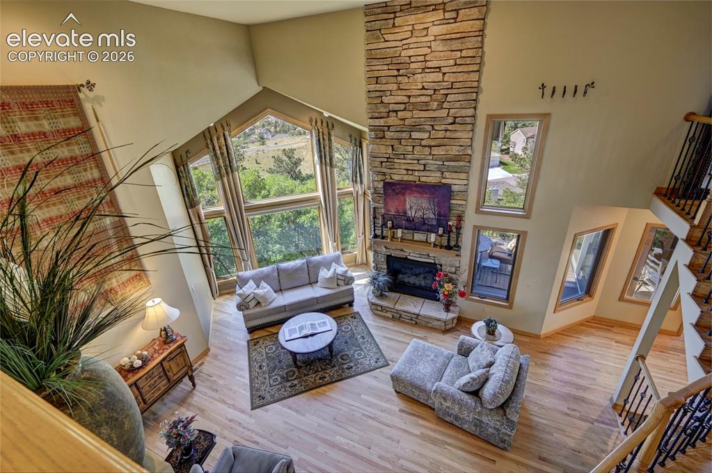 Image 22 of 47: View from upper level onto Living Room.