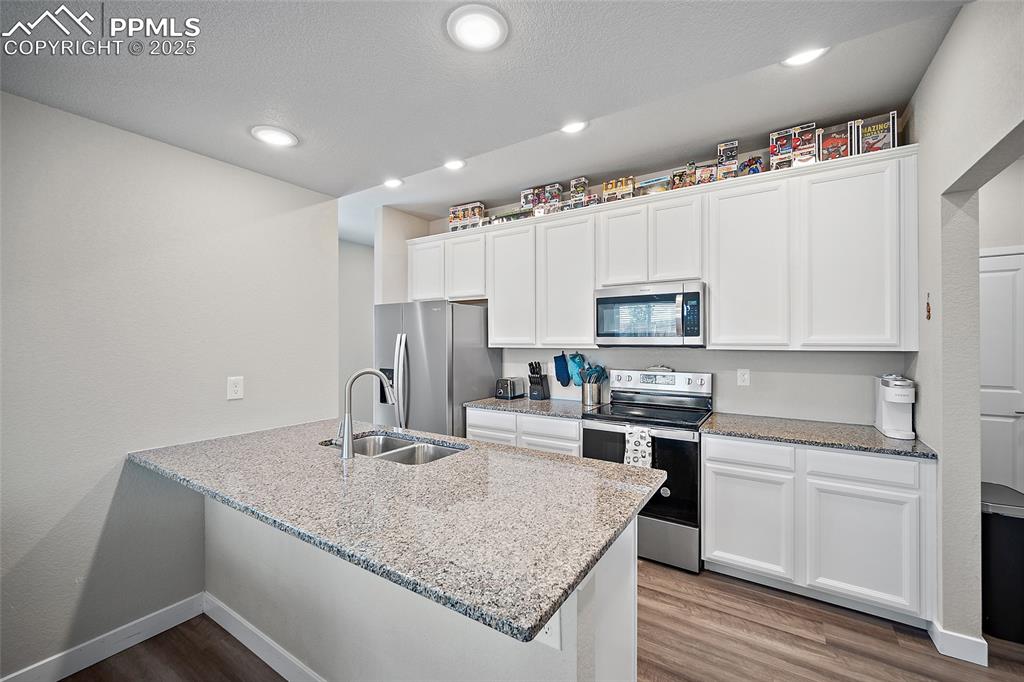Image 11 of 41: Kitchen with stainless steel appliances, a sink, wood finished floors, ligh