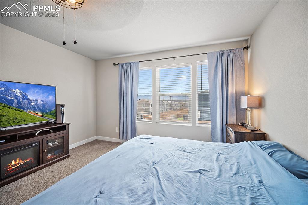 Image 20 of 41: Carpeted bedroom featuring a textured ceiling, baseboards, a glass covered