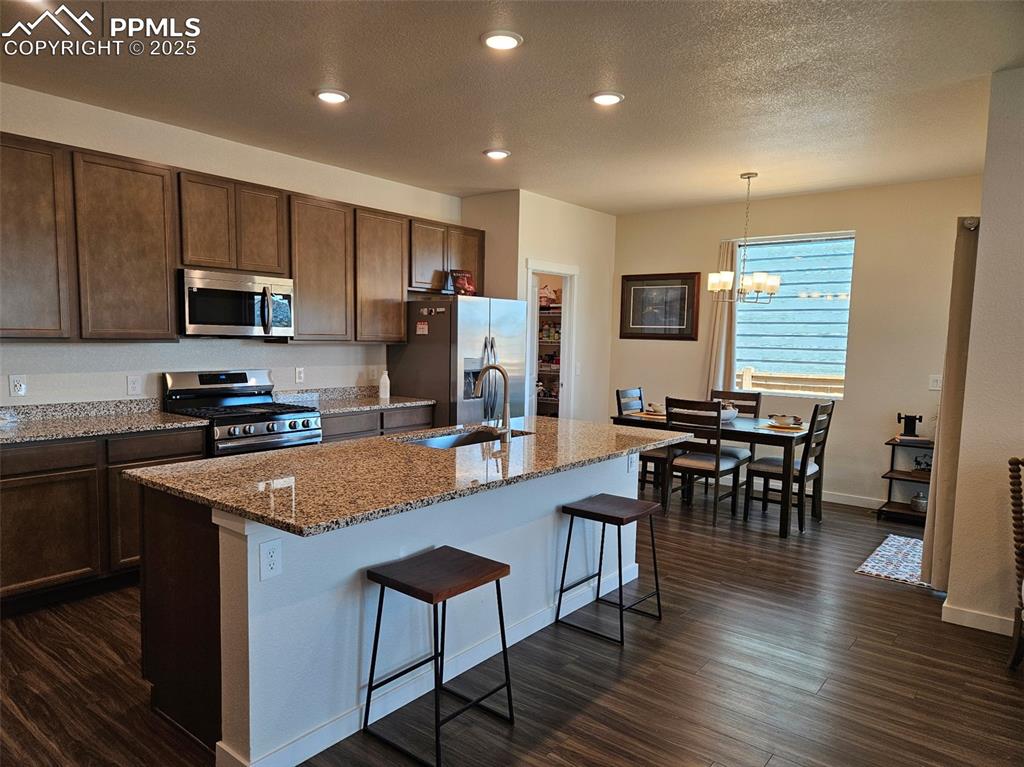 Image 10 of 42: Kitchen featuring appliances with stainless steel finishes, dark wood finis
