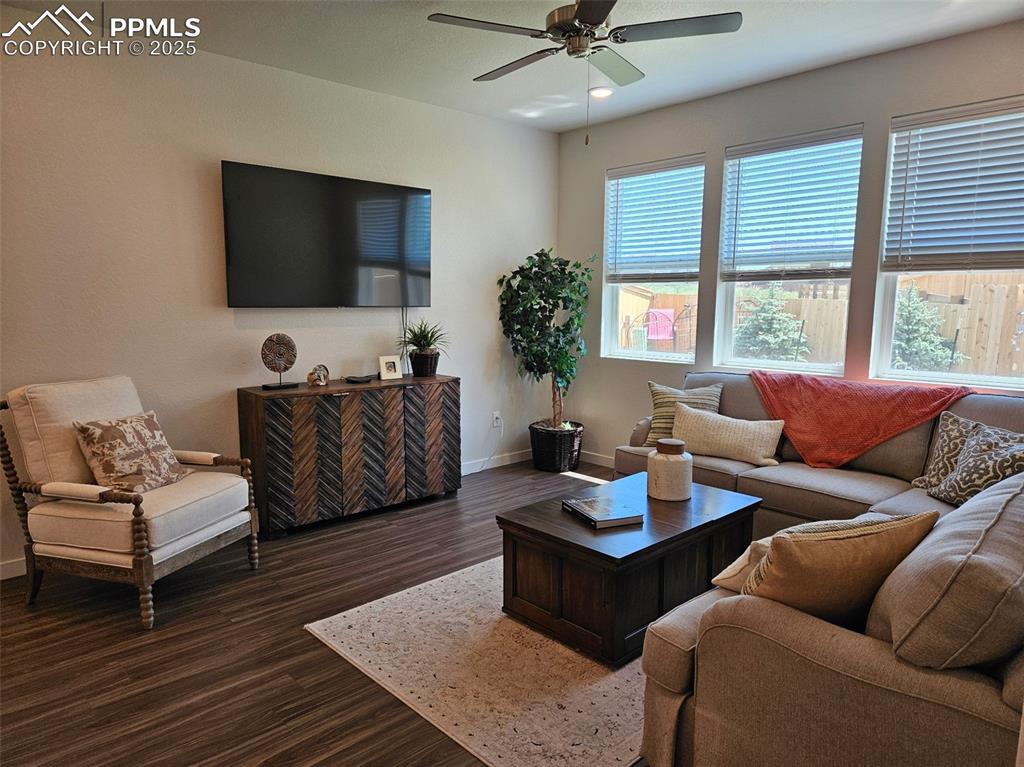 Image 12 of 42: Living room featuring dark wood-style floors and a ceiling fan