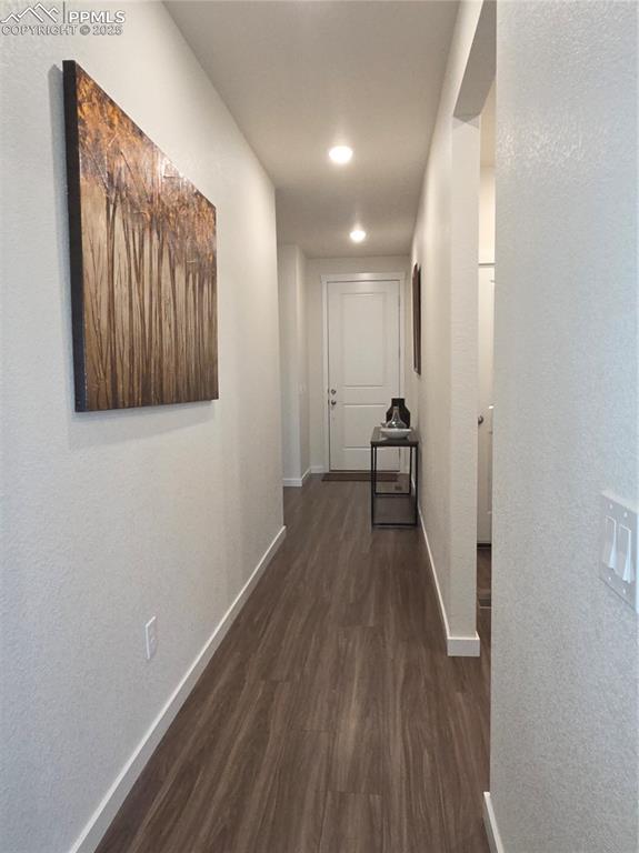 Image 3 of 42: Hall featuring dark wood-style floors and recessed lighting