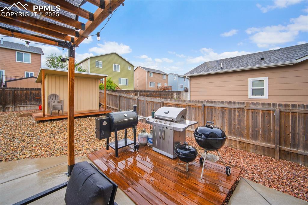 Image 35 of 50: Deck featuring a fenced backyard, grilling area, and a residential view