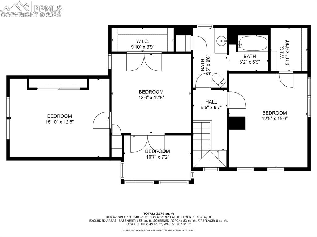 Image 41 of 42: Upper level floor plan - middle "bedroom" is bonus space/office