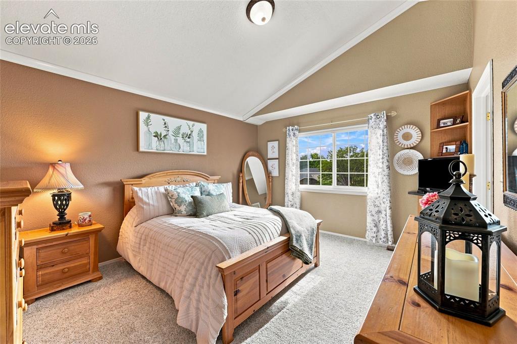 Image 22 of 45: Primary bedroom with vaulted ceiling