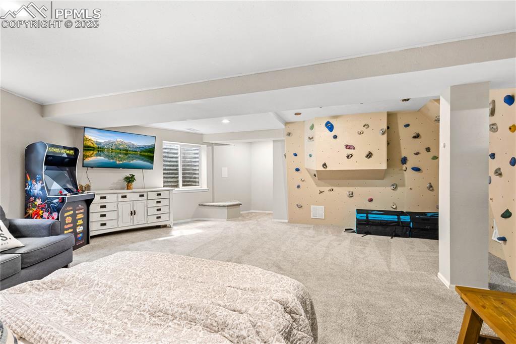 Image 30 of 48: Family Room featuring carpet, climging wall, and lots of space for fun.