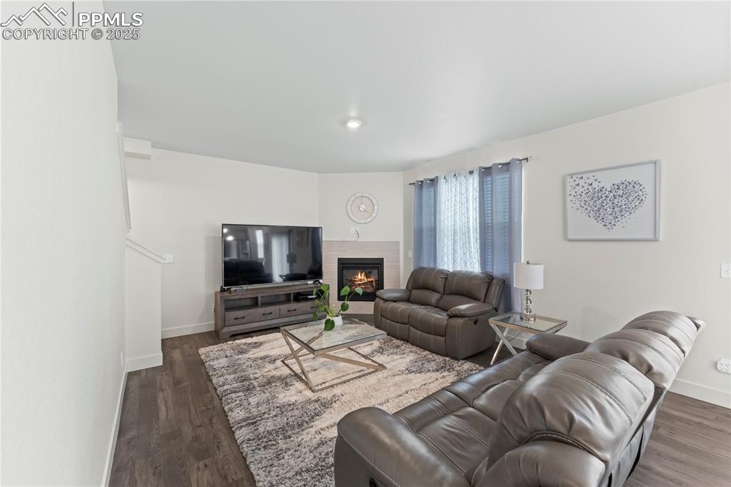 Image 14 of 39: Living area with a glass covered fireplace and dark wood-style flooring
