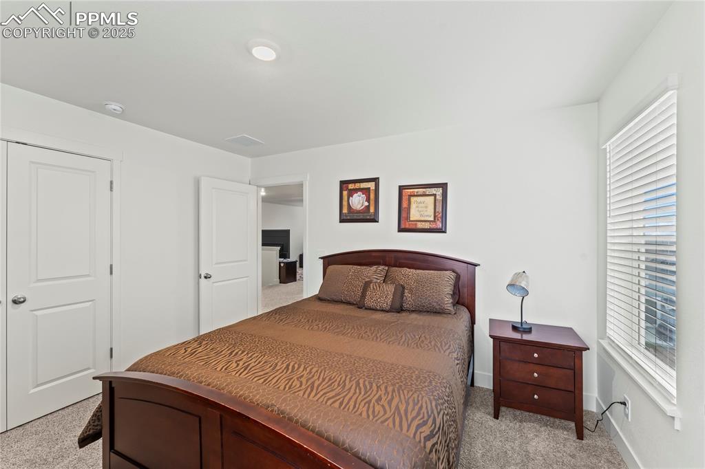 Image 26 of 39: Bedroom with light colored carpet and a closet