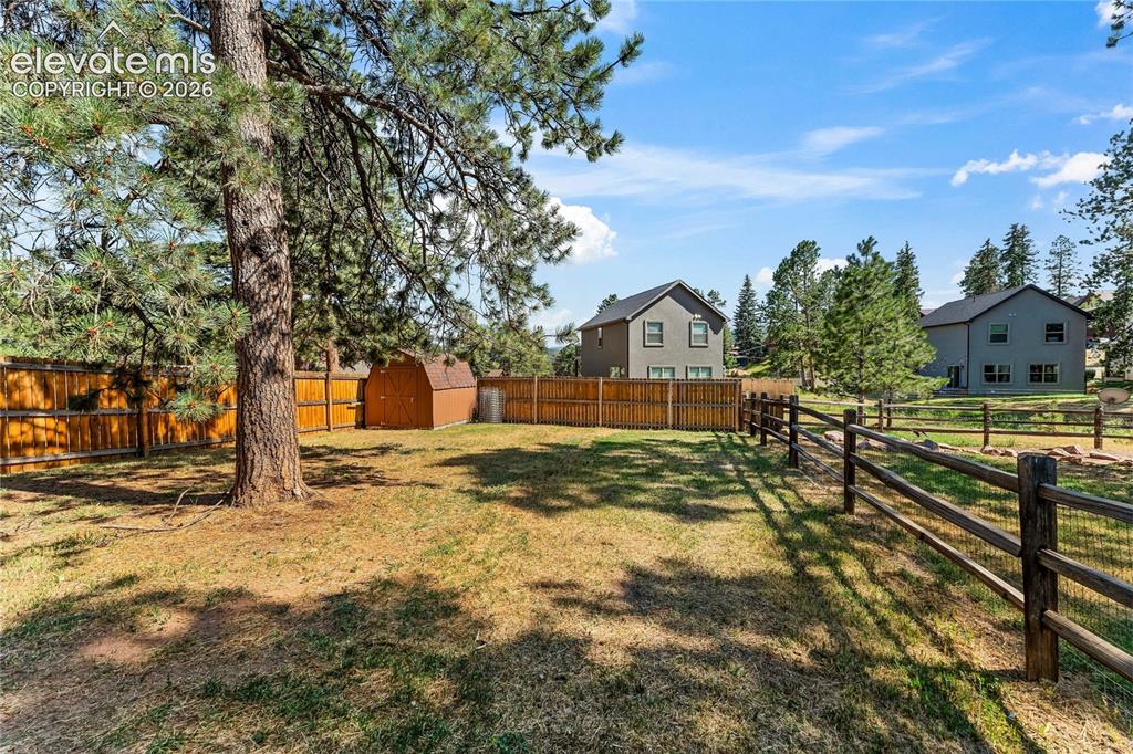Image 15 of 32: Expansive rear yard featuring mature trees, a wooden privacy fence, a rusti