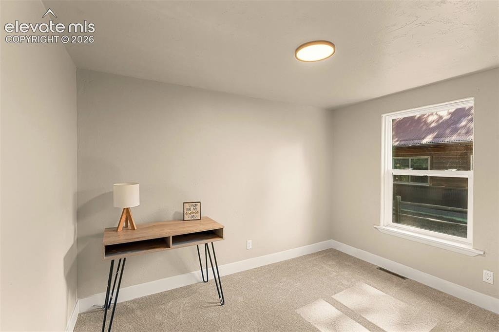 Image 22 of 32: Neutral-toned room featuring a double-hung window, plush carpet flooring, w