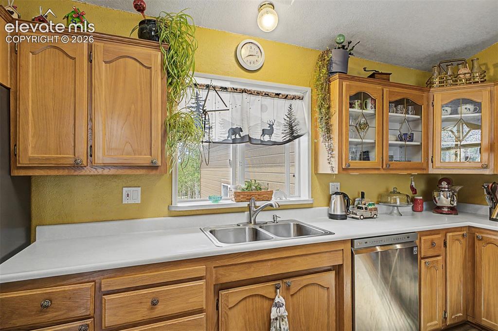 Image 26 of 48: Wood-finish cabinetry, stainless steel dishwasher, double basin sink, and a