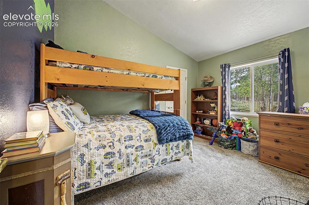 Image 27 of 48: Carpeted room with a vaulted ceiling, a large window, and a wooden built-in