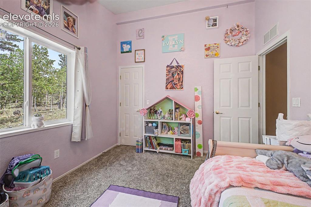 Image 30 of 48: Carpeted flooring with light lavender walls, framed window, and two paneled