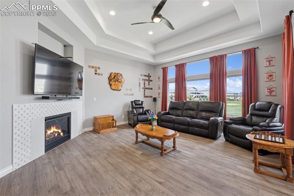Image 12 of 46: Living room featuring a raised ceiling, light wood finished floors, ceiling