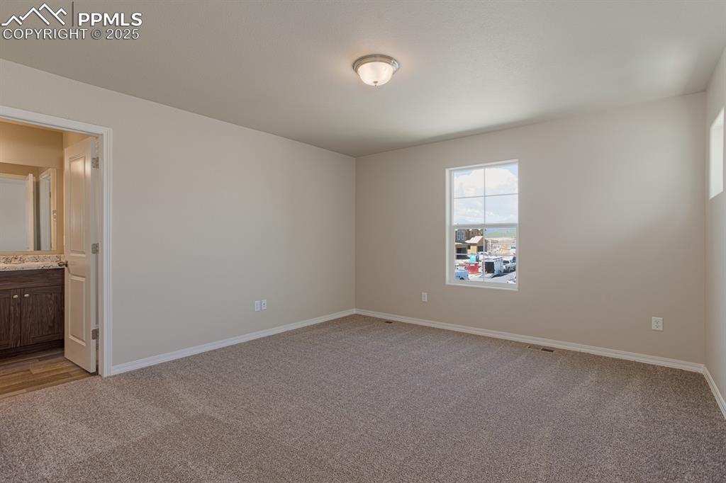 Image 25 of 26: Empty room featuring light colored carpet, baseboards, and a sink