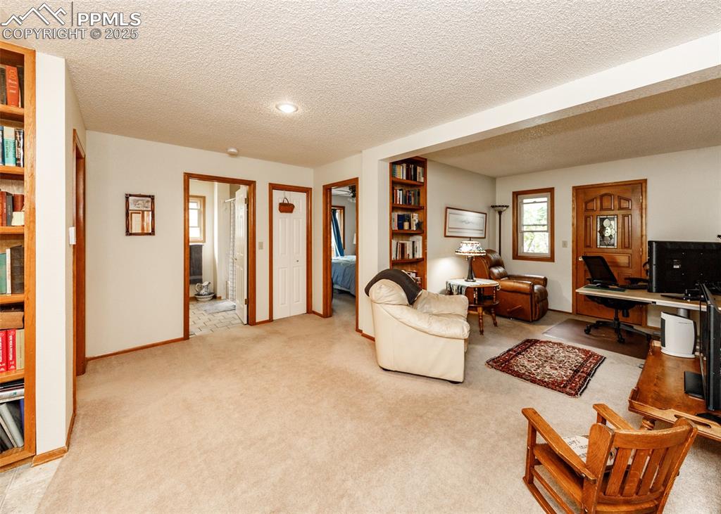 Image 11 of 41: Living area to Mother in law suite featuring a textured ceiling, an office