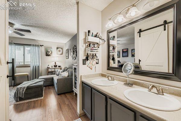 Image 10 of 15: Full bathroom featuring a textured ceiling, dark wood-style flooring, doubl