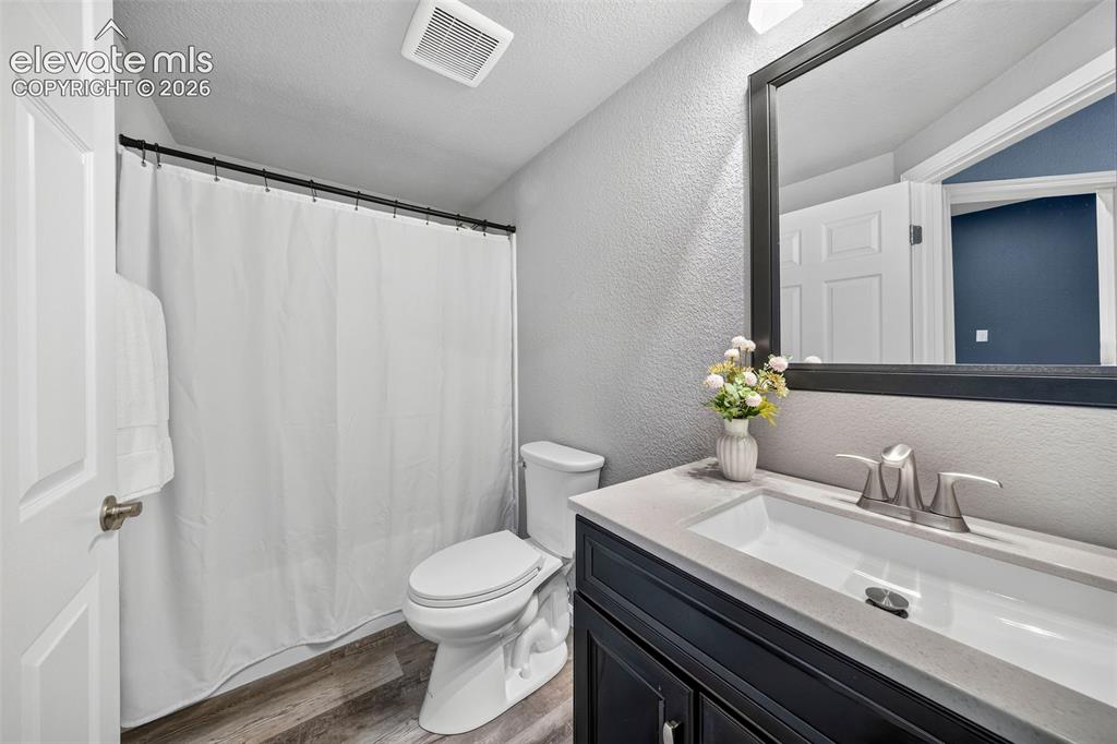 Image 34 of 48: The basement level bathroom has a tub/shower combo and a gorgeous extended
