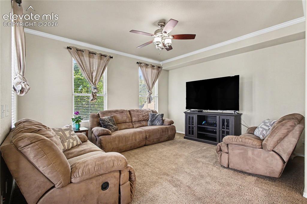 Image 9 of 41: Living room with lighted ceiling fan