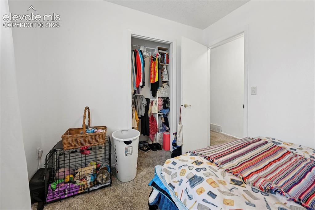 Image 12 of 33: Bedroom featuring neutral wall paint, carpet flooring, and a closet with sh