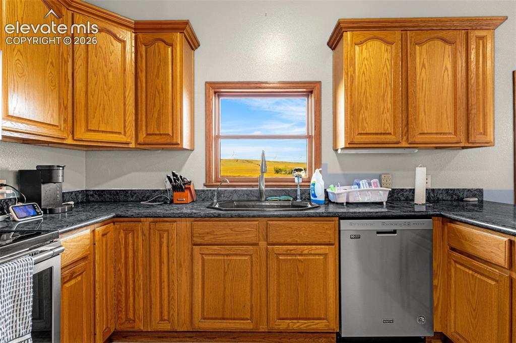 Image 16 of 50: Wood-finish cabinetry, dark countertops, stainless steel dishwasher, and a