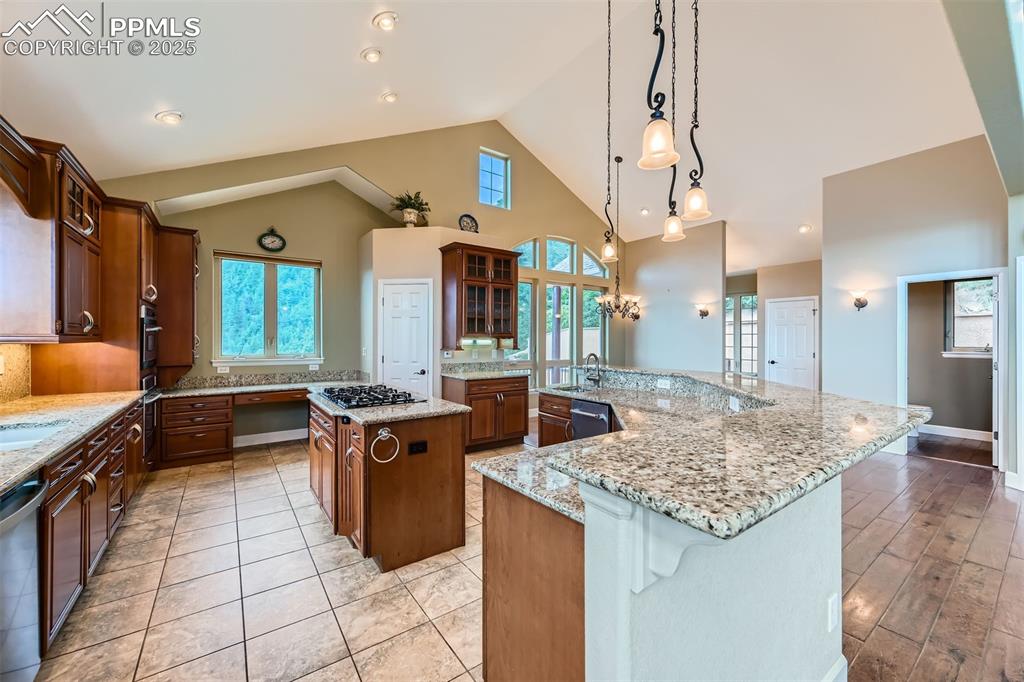 Image 9 of 27: Kitchen featuring a large island, glass insert cabinets, stainless steel di