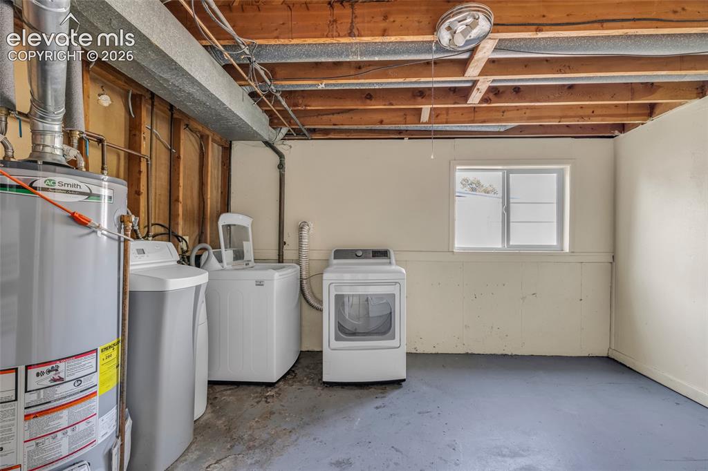 Image 19 of 25: Utility space featuring a water heater, washer, dryer, water softener, and 