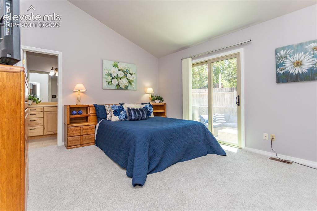Image 21 of 48: Vaulted ceiling bedroom with light gray walls, plush carpeting, and direct 