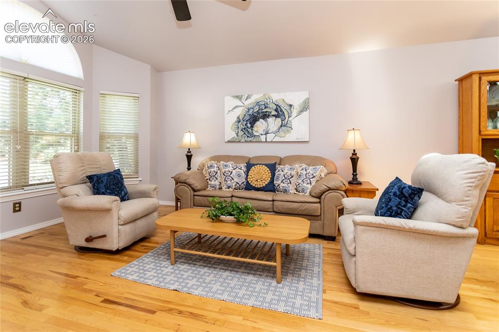Image 5 of 48: Living area with wood-finish flooring, a large arched window allow plenty o