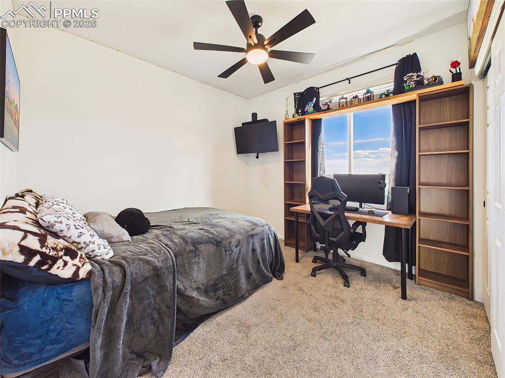 Image 31 of 50: Third Bedroom – Spacious secondary bedroom with plush carpeting, ceiling fa