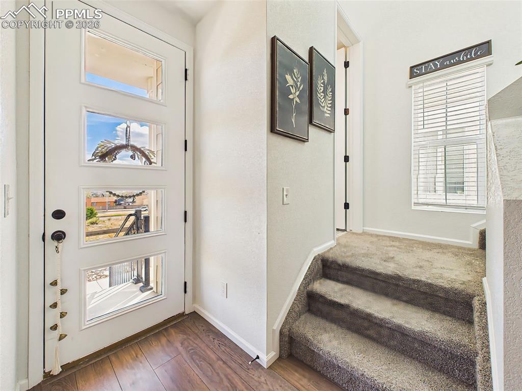 Image 4 of 50: Entry/Foyer – Welcoming entry with modern glass-paneled front door, durable